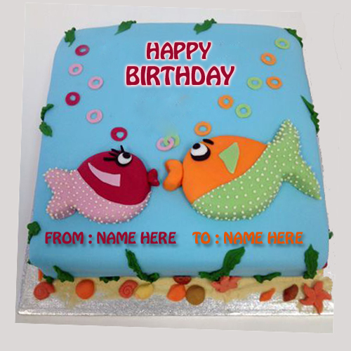 Write Name on Kissing Fish Birthday Cake Online