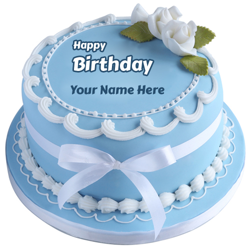 Round Light Blue White Classic Birthday Cake With Name
