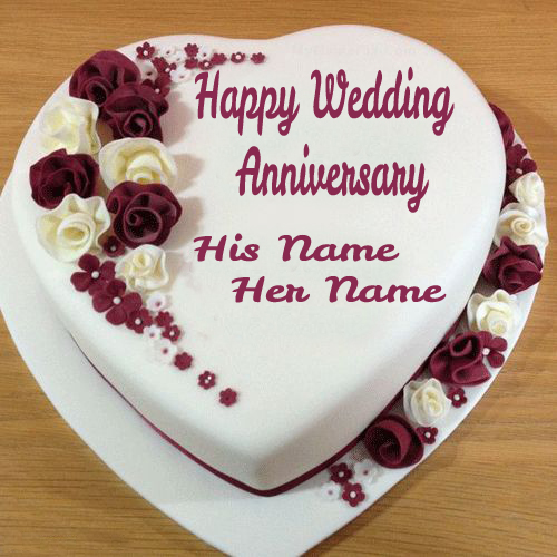 Write Couple Name On Wedding Anniversary Heart Cake