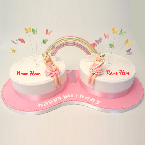 Write Name on Happy Birthday Pink Cake For Twins Sister