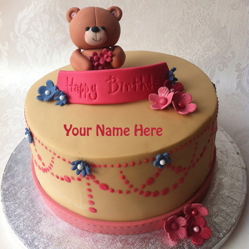 Happy Birthday Cute Teddy Bear Cake With Your Name