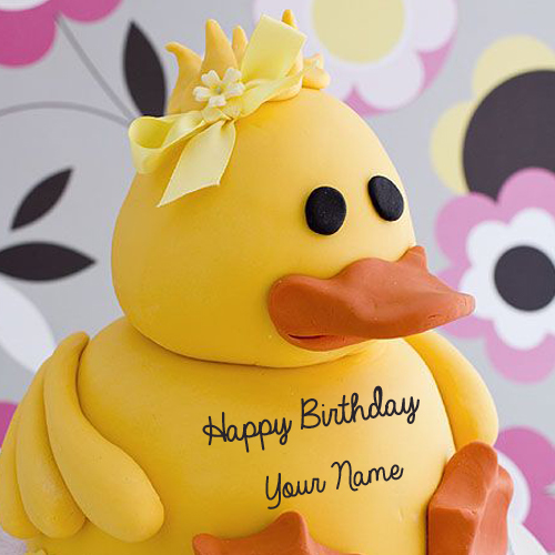 Write Name on Cute Little Yellow Duck Birthday Cake