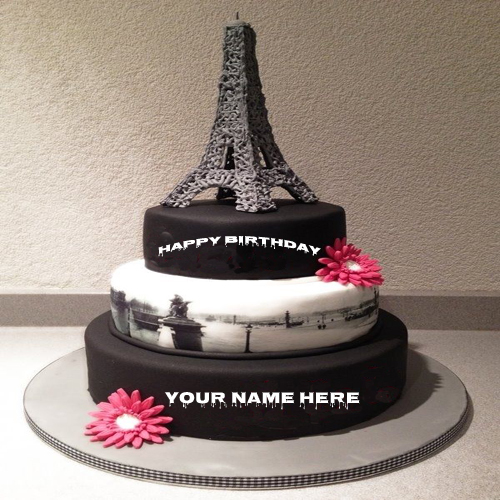 Write Your Name On Cute Eiffel Tower Birthday Cake Pic