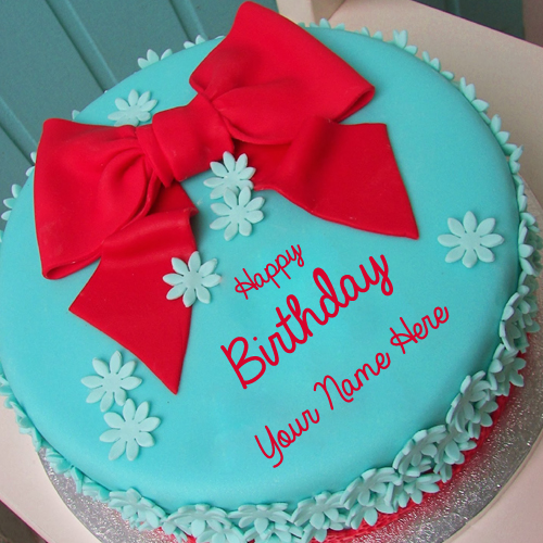 Write Name on Skyblue Birthday Cake With Red Ribbon