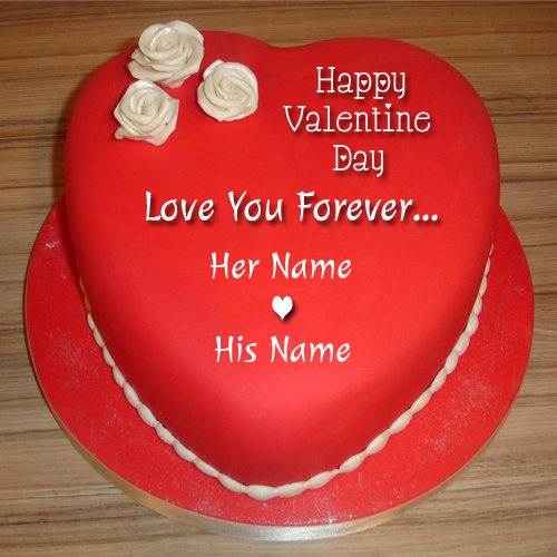 Happy Valentine Day Red Heart Cake With Name