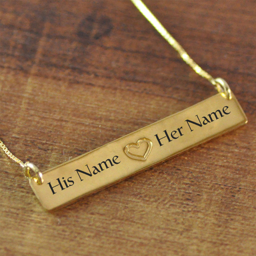 Write Couple Name on Gold Bar Necklace Jewelry