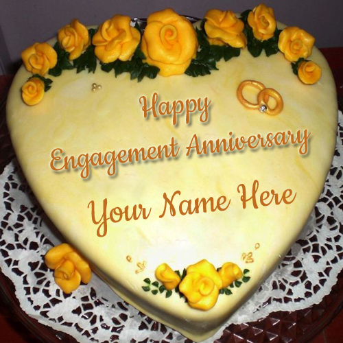 Yellow and Gold Heart Shape Engagement Cake With Name