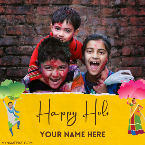 Write Name on Holi Celebration Greeting With Cute Kids