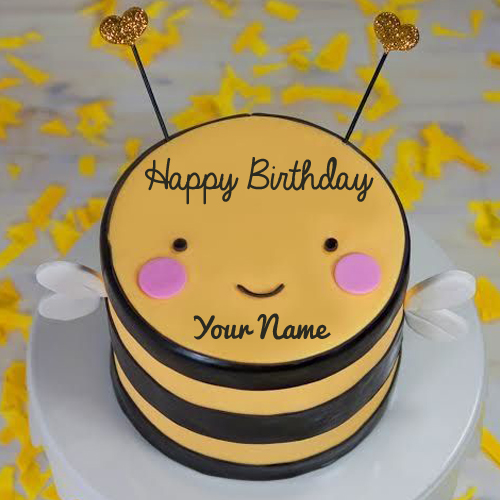 Write Name on Cute Bumble Bee Birthday Photo Cake