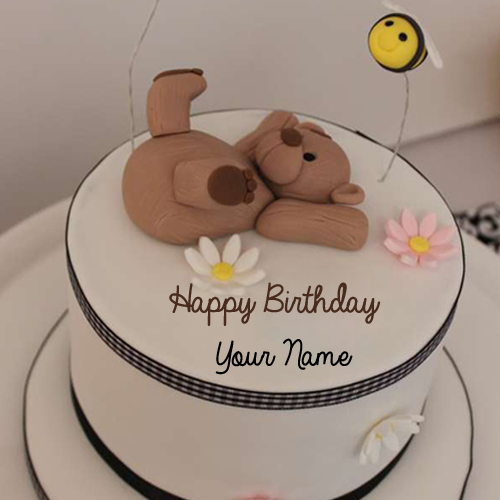 Write Name on Cute Teddy Bear Toppings Birthday Cake