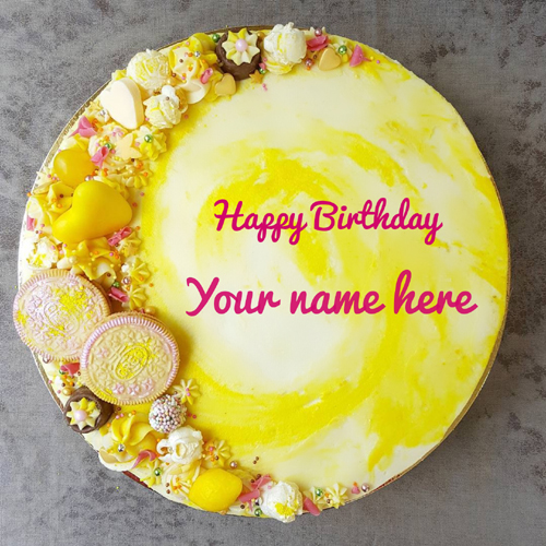Highly Decorated Yellow Birthday Cake With Your Name