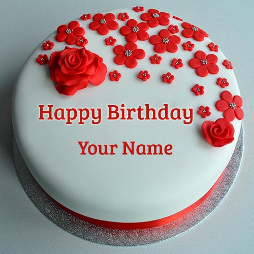 Red Rose Decorated Birthday Cake With Your Name