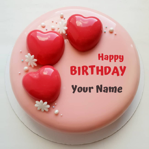 Write Name on Romantic Birthday Cake With Red Hearts