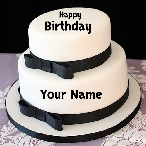 Elegant Happy Birthday Black and White Cake With Name