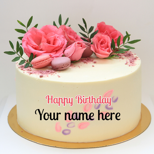 Beautiful Name Birthday Cake With Real Pink Roses