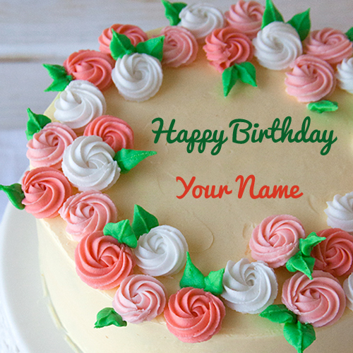 Happy Birthday Pink and Green Flower Cake With Name