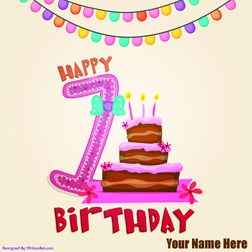 Write Name on Happy 1st Birthday Greeting Card