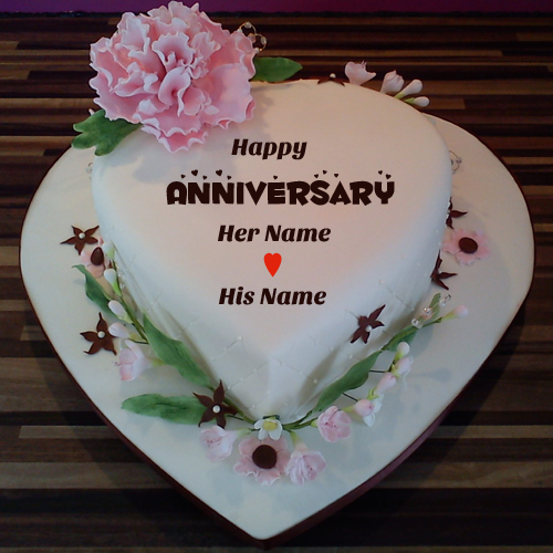 Heart Shaped Happy Anniversary Cake With Couple Name