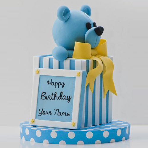 Write Name on Happy Birthday Teddy Bear Gift Photo Cake
