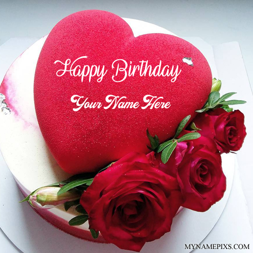 Beautiful Red Heart Name Birthday Cake With Red Roses