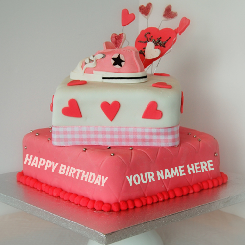 Write Name On Beautiful Pink Heart Birthday Cake Online