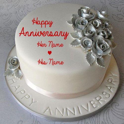 Silver Wedding Anniversary Cake with Love Couple Name
