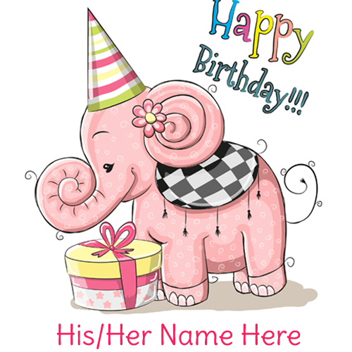 Write Name on Cute Elephant Happy Birthday Card