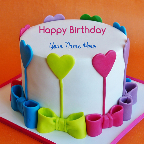 Write Name on Bows And Hearts White Birthday Cake