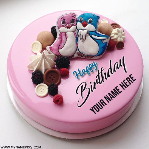 Cute Love Birds Birthday Wishes Cake With Name