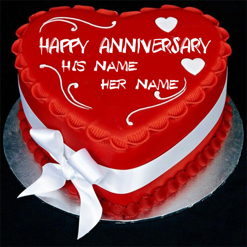 Write Couple Name On Heart Wedding Anniversary Cake 