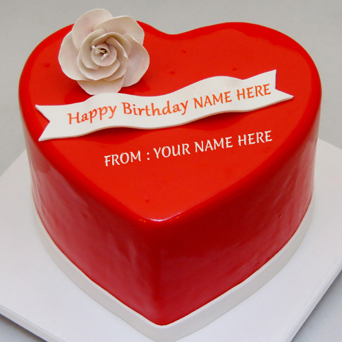 Write Name on Red Heart Birthday Wishes Cake