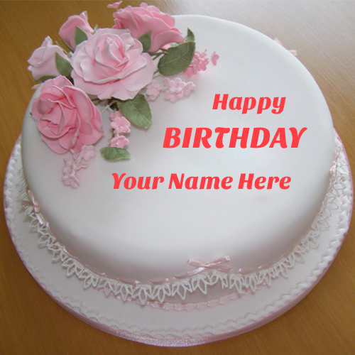 Happy Birthday Pink Roses Elegant White Cake With Name