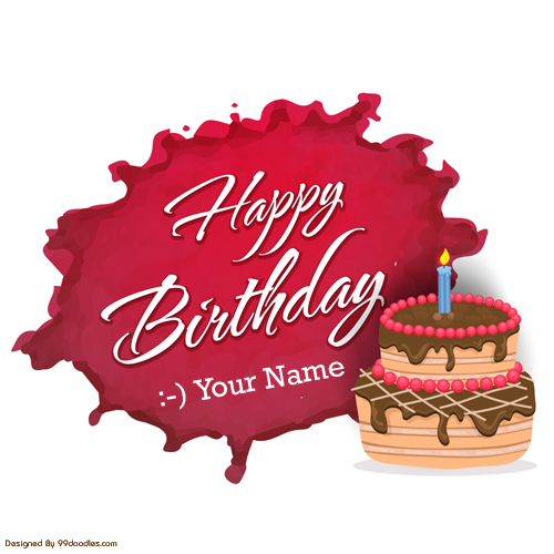 Birthday Cake with illuminated Candle and Your Name