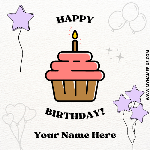 Cute Cup Cake Theme Birthday Wish Card With Name