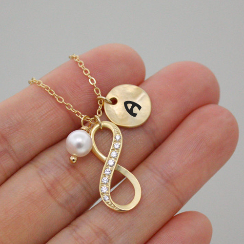 Write Alphanet on Infinity Disc Coin Pearl Necklace